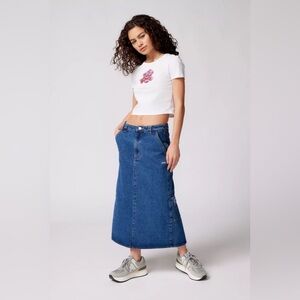 OBEY Juniper Embroidered Denim Midi Skirt | Low Rise Y2K‎ Workwear Size 28